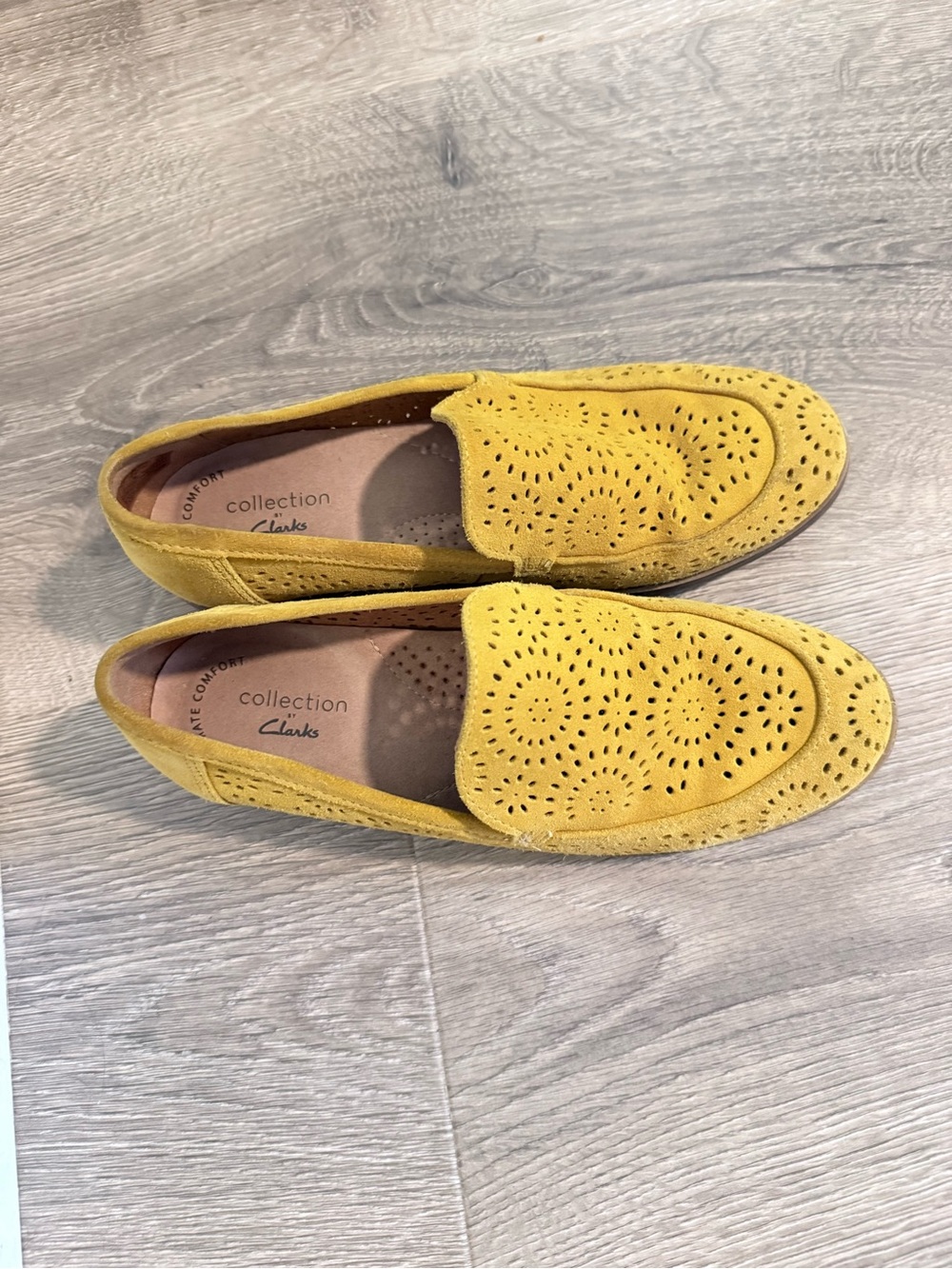 Clarks Mustard Suede Perforated Slip-On Loafers - Picture 7 of 10